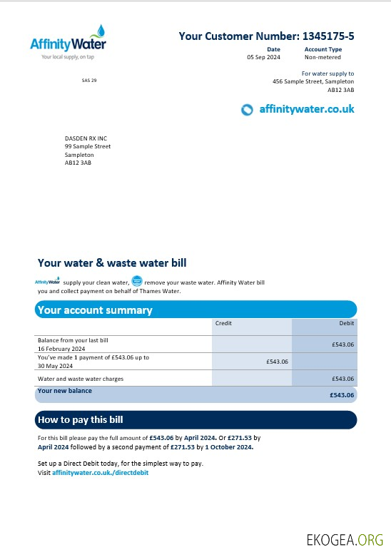 Modèle de facture de services publics d'entreprise Affinity Water au Royaume Uni aux formats Word et PDF